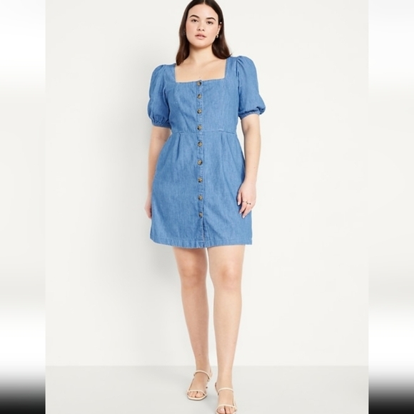 Old Navy Dresses & Skirts - Old Navy Blue Denim Chambray Puff Sleeve Button Front Square Neck Mini Dress